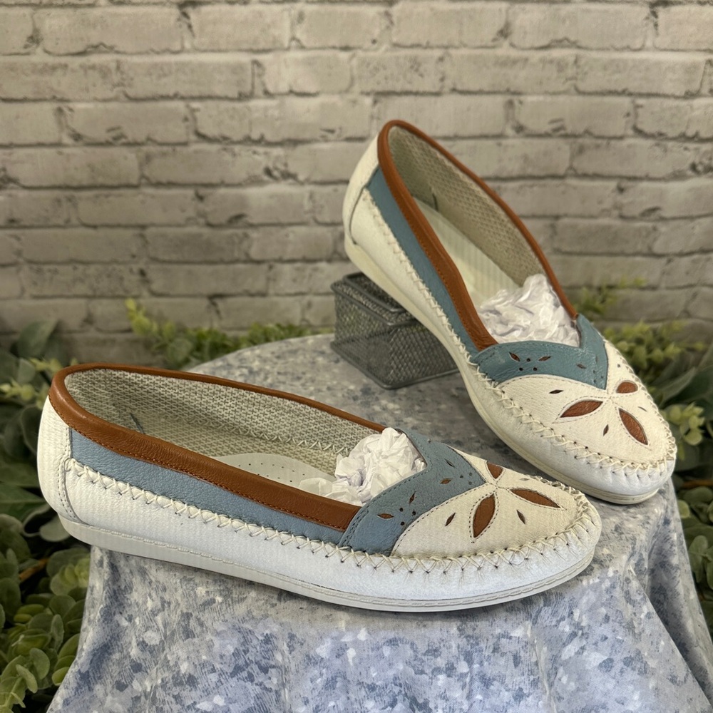 HUSH PUPPIES Southwestern Styled White Soft Leather Moccasin Loafers WMS 8M⭐️EUC